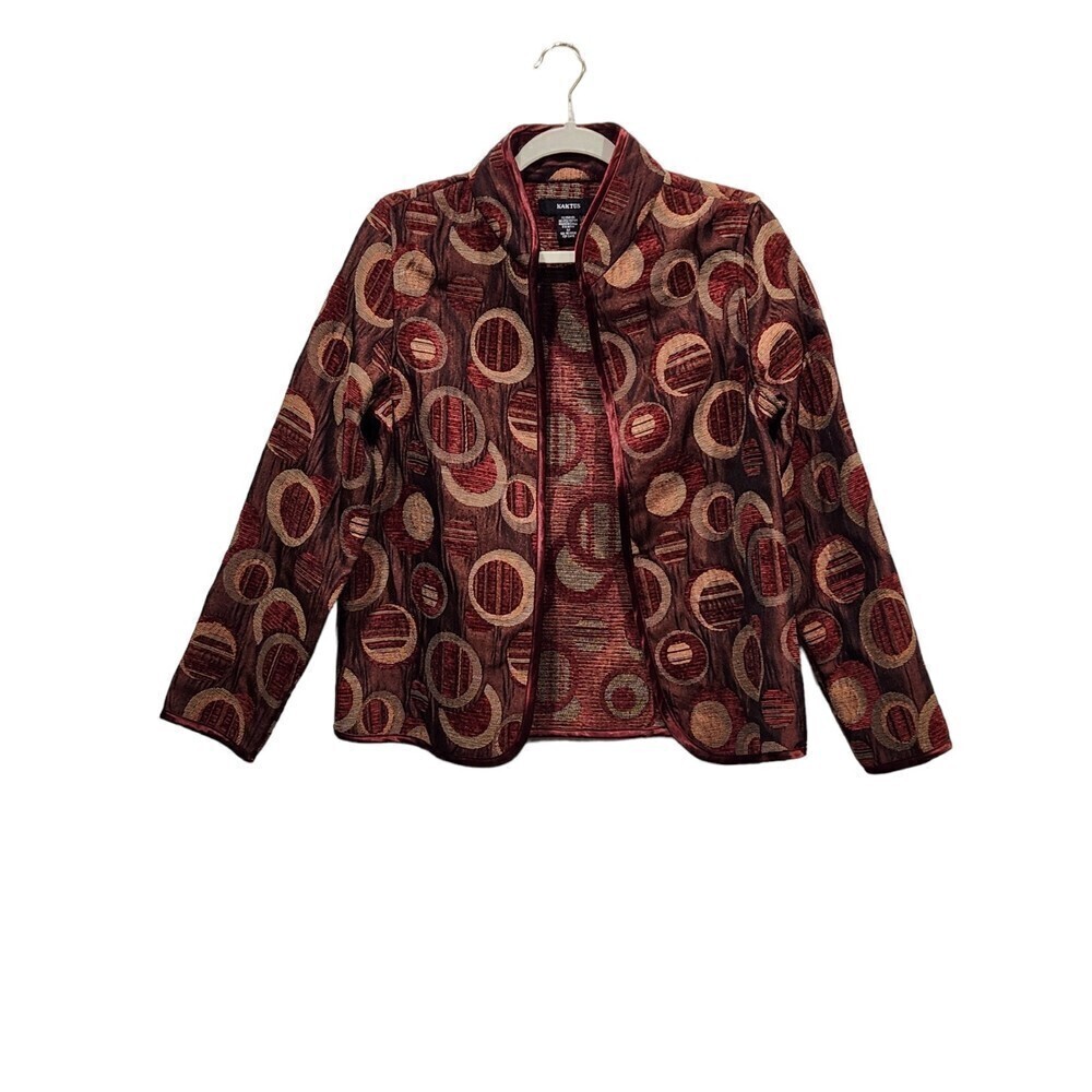 Kaktus Open Front Mandarin Collar Artsy Art Deco Mixed Media Blazer Jacket, M